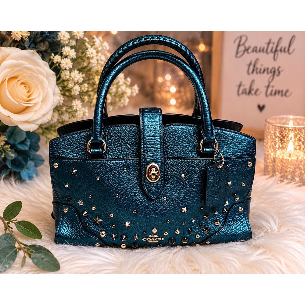 Coach Rare Turquoise Mercer Rivet Satchel 24 Silver Clove - Picture 1 of 10